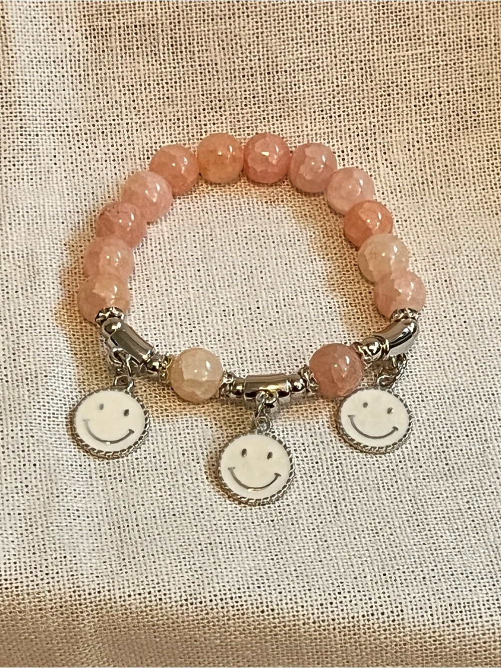 Rose Quartz Beaded Bracelet with Smiley Charm Accents